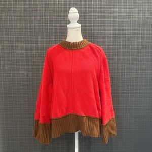 Maeve Red Crewneck Sweater with Brown Ribbed Trim